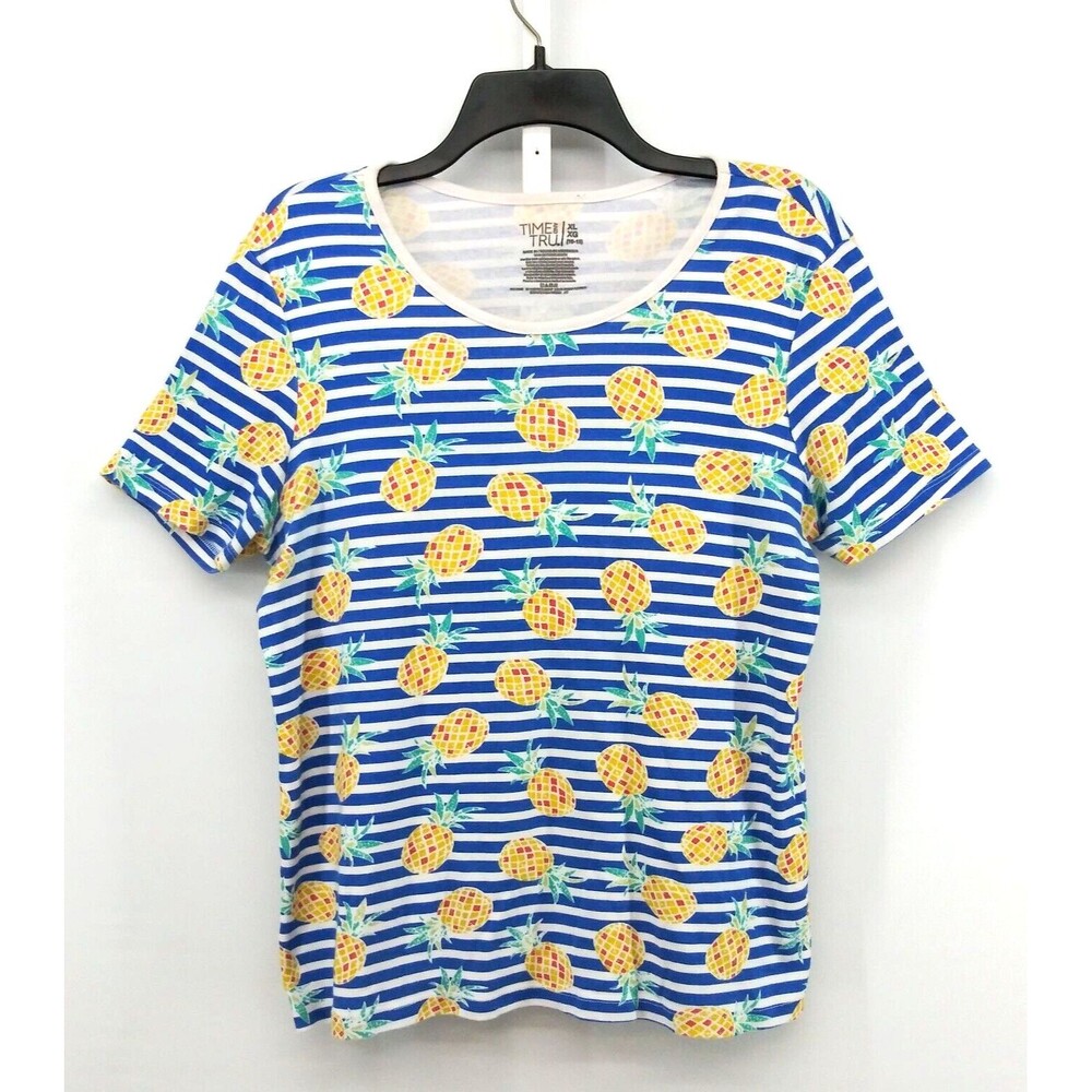 Time and Tru Shirt Womens Size XL Blue White Striped Pineapples Short Sleeve Top